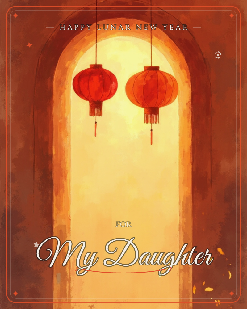Two red lanterns hang by dark cords inside a tall arched doorway, glowing against a warm wash of golden light spilling from within, a lunar new year e-card design