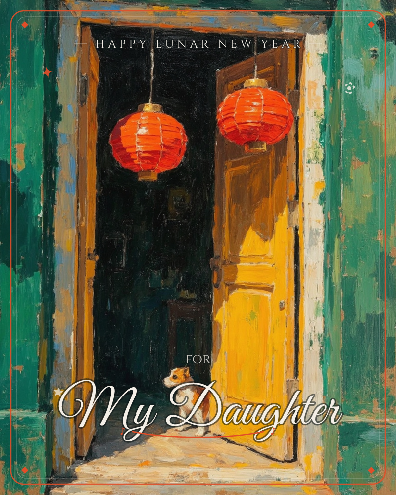 An open yellow door sits within a weathered green wall, two red paper lanterns glowing above the dark doorway, a lunar new year e-card design