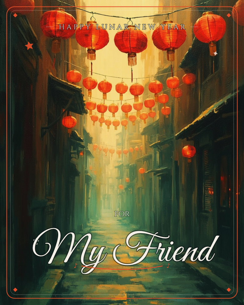 A narrow stone alley winds between old shuttered buildings, strung overhead with rows of glowing red paper lanterns that dwindle into a hazy golden…, a lunar new year e-card design