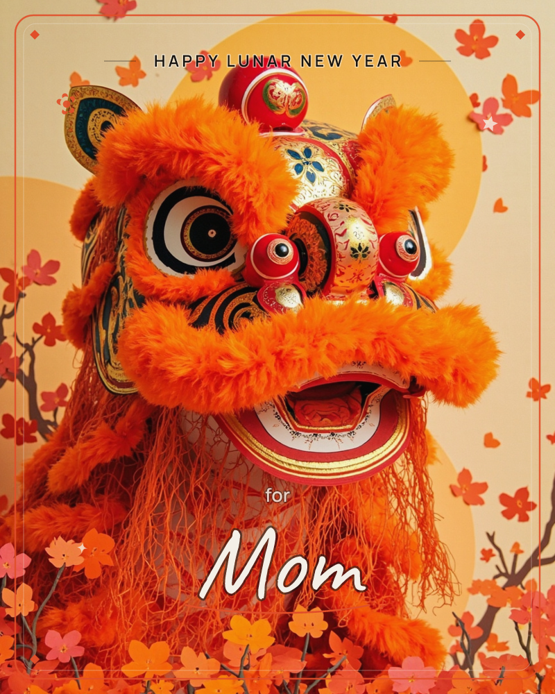 A traditional lion dance head sits front and center, its face covered in shaggy orange fur, painted eyes and gold floral details on the crown, a lunar new year e-card design