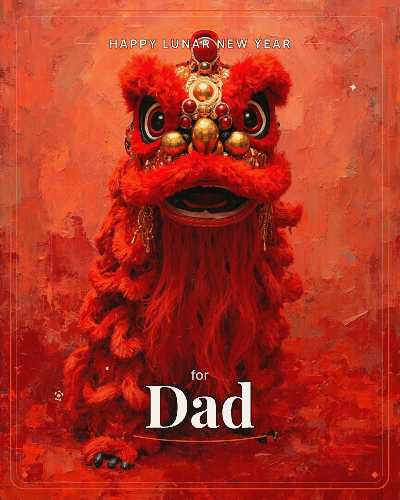 A traditional lion dance head faces forward against a thickly painted red and orange background, its shaggy red fur framing bulging eyes and a…, a lunar new year e-card design