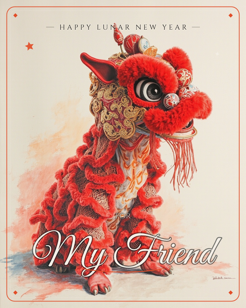 A traditional Chinese lion dance costume sits illustrated against a soft cream background, its shaggy red fur and gold-scrolled forehead panel rendered…, a lunar new year e-card design
