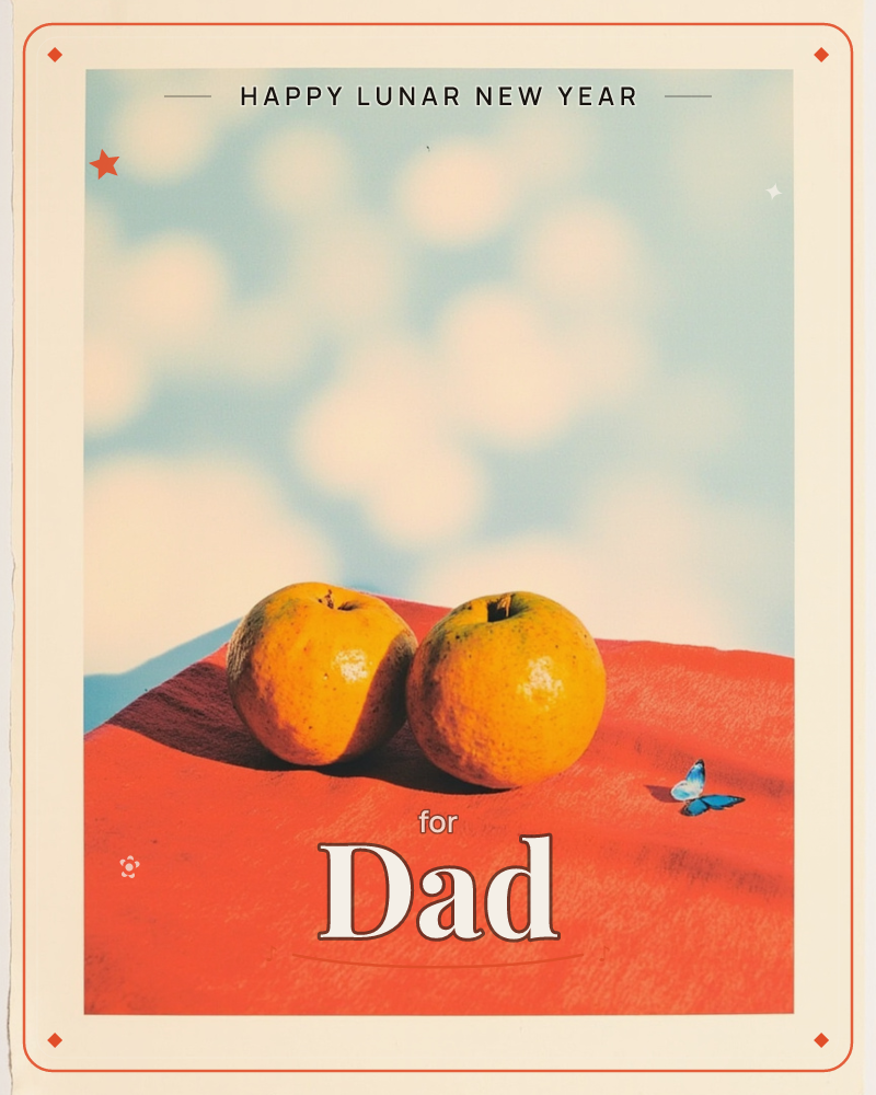 Two dimpled oranges rest side by side on a bright orange-red surface, their long shadows stretching to the left under a hard, direct light, a lunar new year e-card design