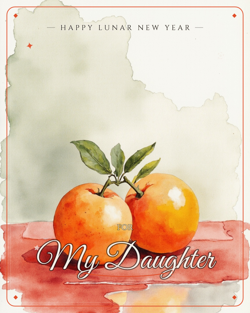 Two ripe oranges still joined by a leafy stem sit side by side on a red tabletop, painted in loose watercolour washes with a soft sage-grey background…, a lunar new year e-card design