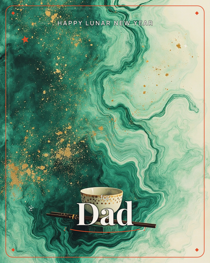 A small polka-dotted bowl and a pair of dark chopsticks rest at the base of a swirling marbled backdrop in emerald and jade, streaked through with…, a lunar new year e-card design