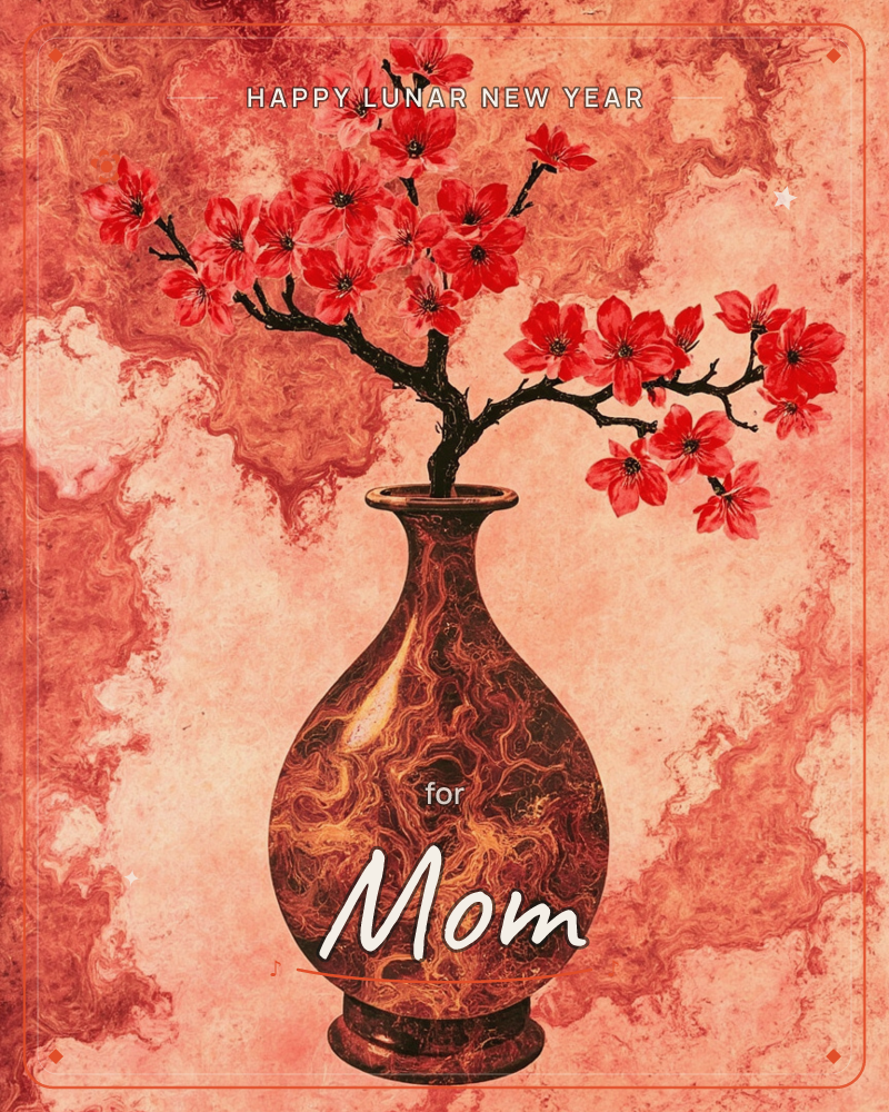 A marbled brown and gold vase holds dark branches bursting with red blossom, set against a swirling marbled backdrop of coral and rust tones, a lunar new year e-card design