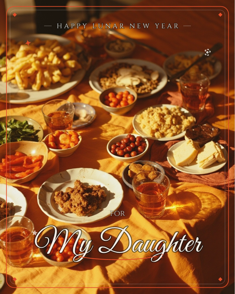 Golden late-afternoon sun rakes across a table draped in orange linen, laden with small plates and bowls of shared food, cherry tomatoes, cheese…, a lunar new year e-card design