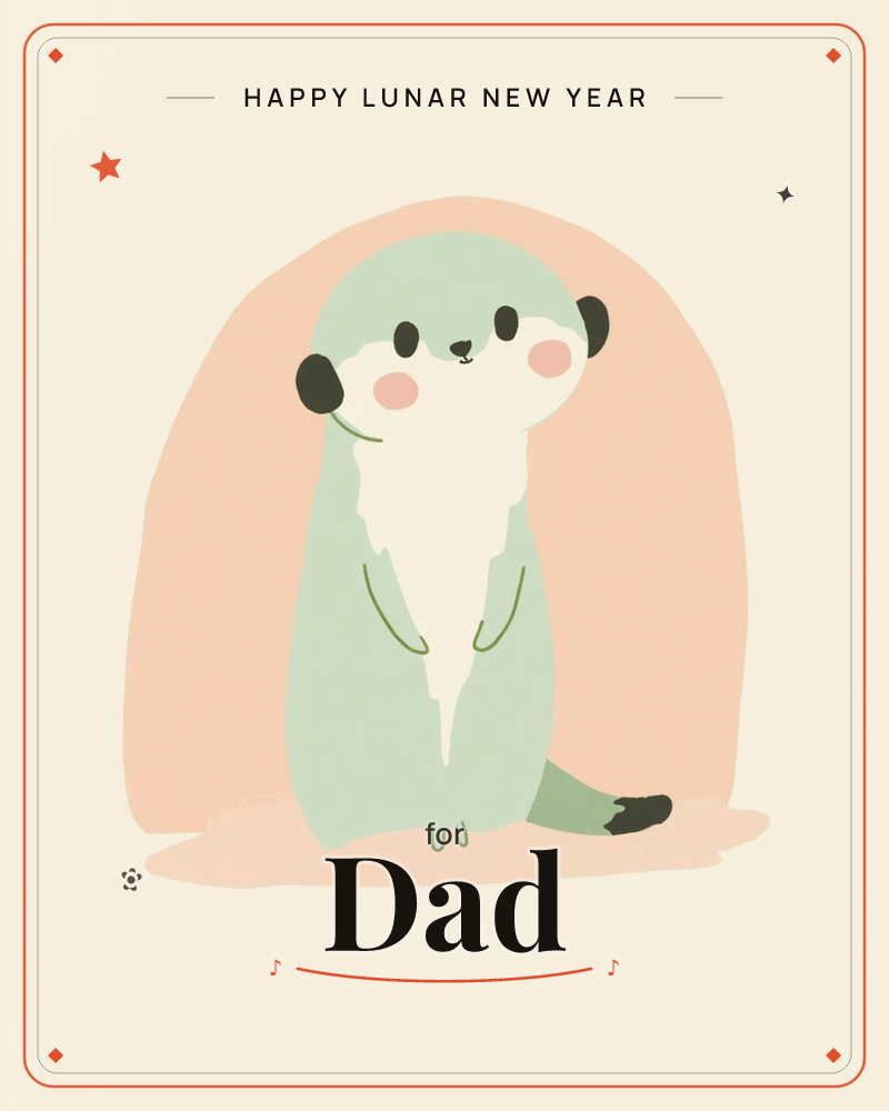 A sage-green meerkat sits upright with rosy cheeks and tiny black paws, framed by a soft peach archway on a cream background, a lunar new year e-card design