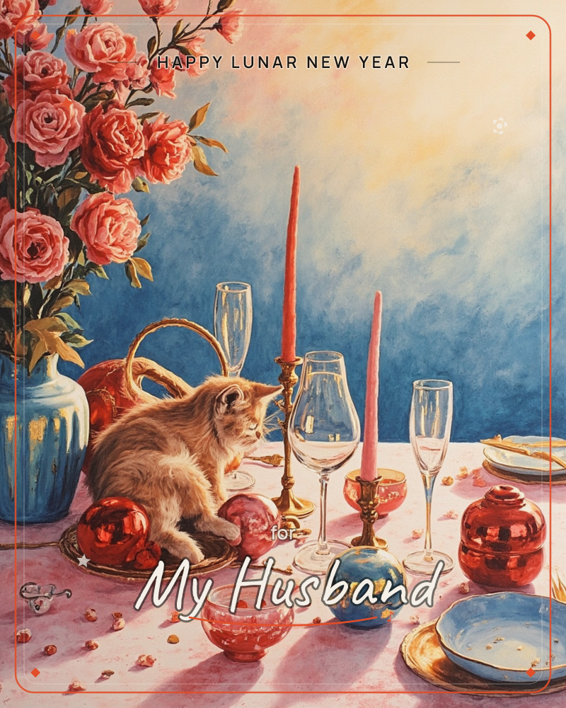 A ginger kitten sits perched on a set table, sniffing a tall pink candle among wine glasses, ornament-like glass baubles, and small dishes, a lunar new year e-card design