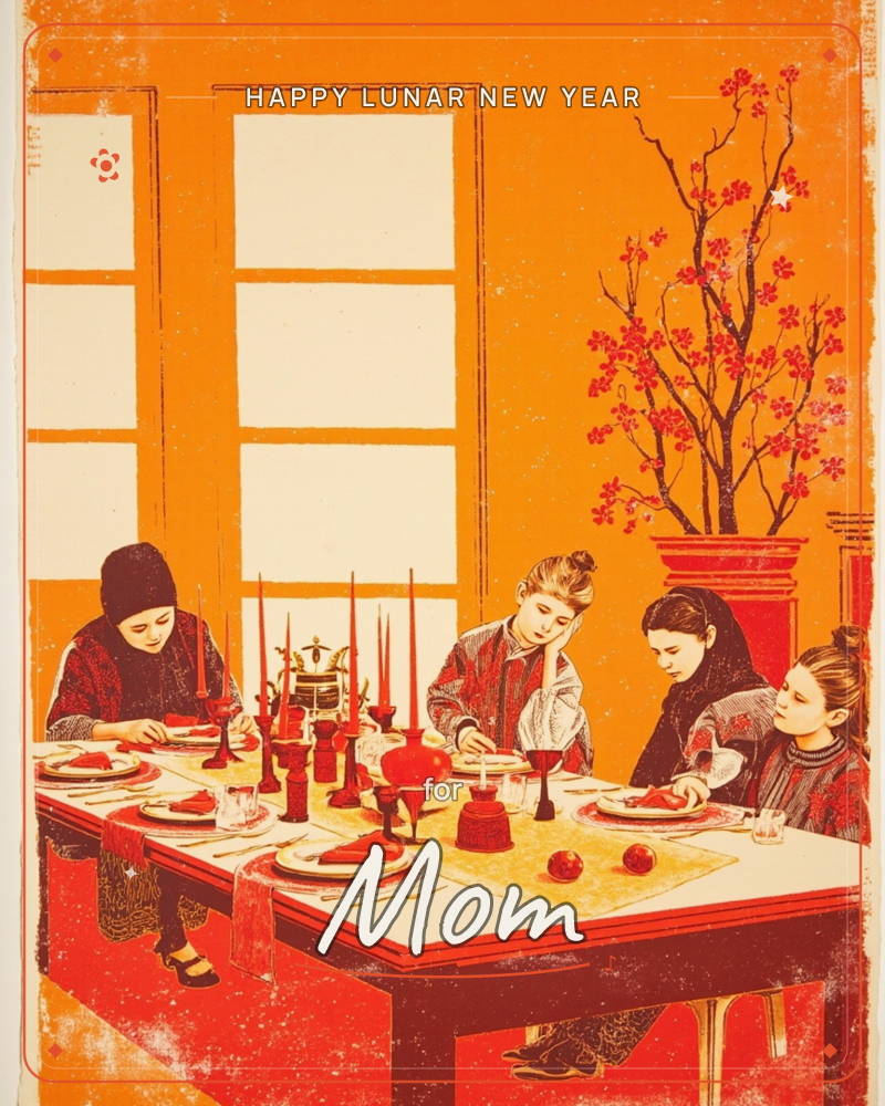 A linocut-style illustration shows four women gathered at a long table set with candles, small plates, and red apples, a flowering branch arranged in a…, a lunar new year e-card design