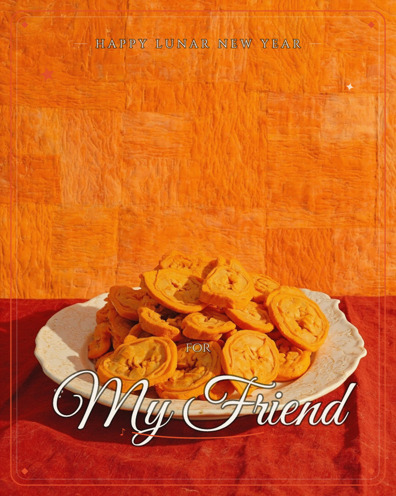 A white ceramic plate piled high with golden-orange spiral pastries sits on a deep red cloth, set against a textured orange patchwork backdrop, a lunar new year e-card design