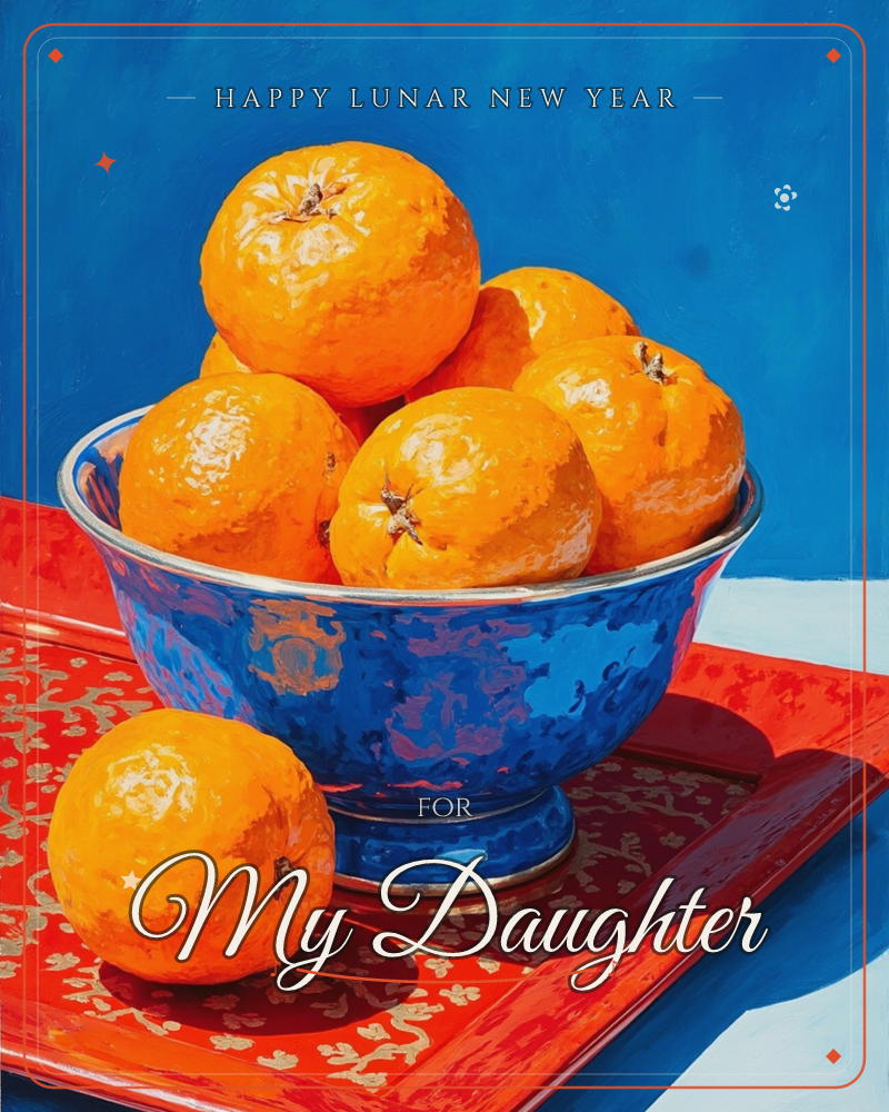 A blue-and-white patterned bowl piled high with glossy mandarin oranges sits on a red lacquer tray edged in gold, one orange rolled loose beside it, a lunar new year e-card design