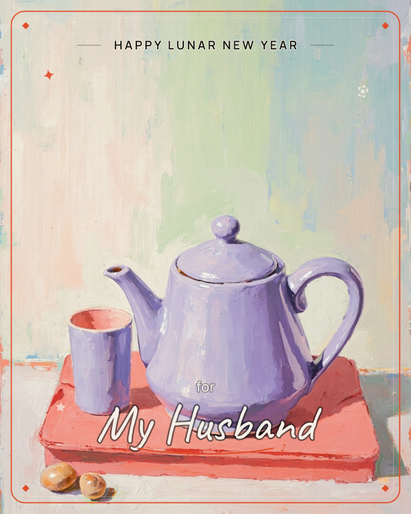 A lilac teapot and matching cup sit on a coral pink box against a soft, brushy backdrop of pastel green, pink and cream, a lunar new year e-card design