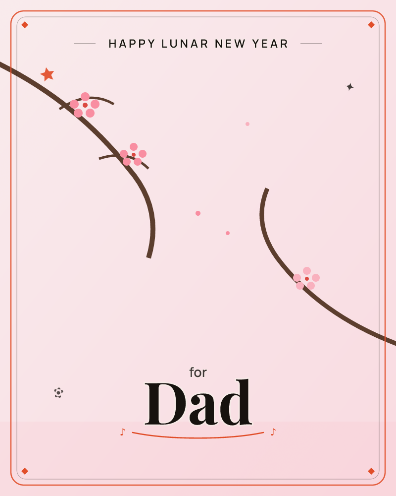 A soft blush-pink background sets off two curving brown branches dotted with small pink cherry blossom clusters, drifting petals scattered loosely in…, a lunar new year e-card design by @DittyCityTeam