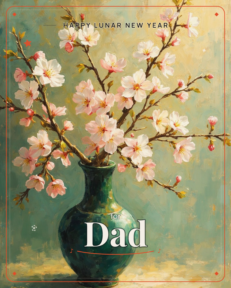 A round teal ceramic vase holds slender cherry blossom branches, their white and pale pink flowers and buds spreading against a soft golden-green…, a lunar new year e-card design