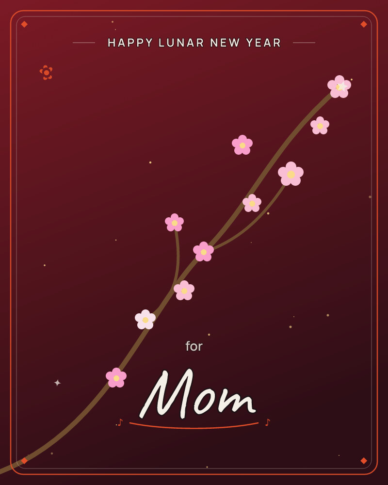 A slender branch sweeps diagonally across a deep crimson-to-black background, dotted with small pink blossoms in varying shades, a lunar new year e-card design by @DittyCityTeam