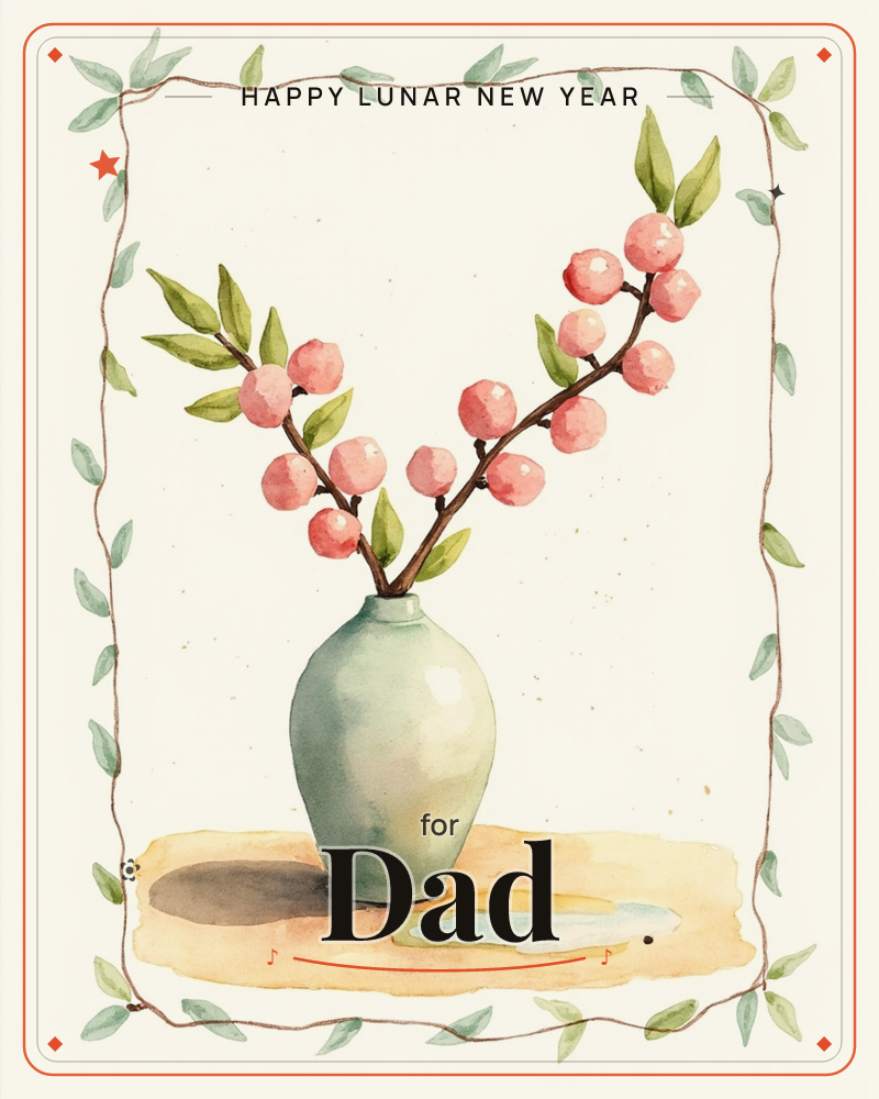 A pale sage-green vase holds two arching branches heavy with round pink berries and small olive leaves, set on a soft golden-tan surface with a watery…, a lunar new year e-card design