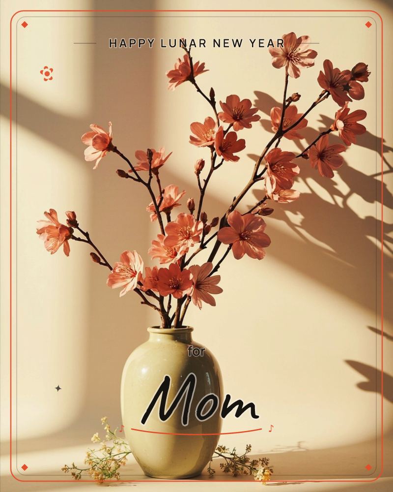 A rounded ceramic vase in soft sage green holds slender branches of cherry blossom, their coral-pink petals catching a warm afternoon light, a lunar new year e-card design