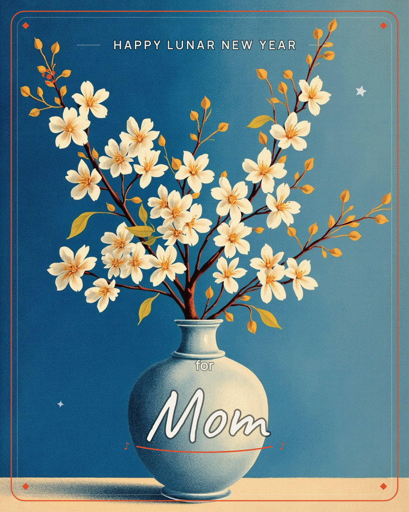 A round pale-blue vase holds slender branches of white blossom with golden centres, arranged against a deep blue backdrop and set on a soft cream surface, a lunar new year e-card design
