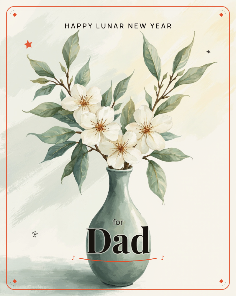 A slender sage-green vase holds branches of white blossoms with soft golden centres, their sage leaves fanning out against a hazy background washed in…, a lunar new year e-card design