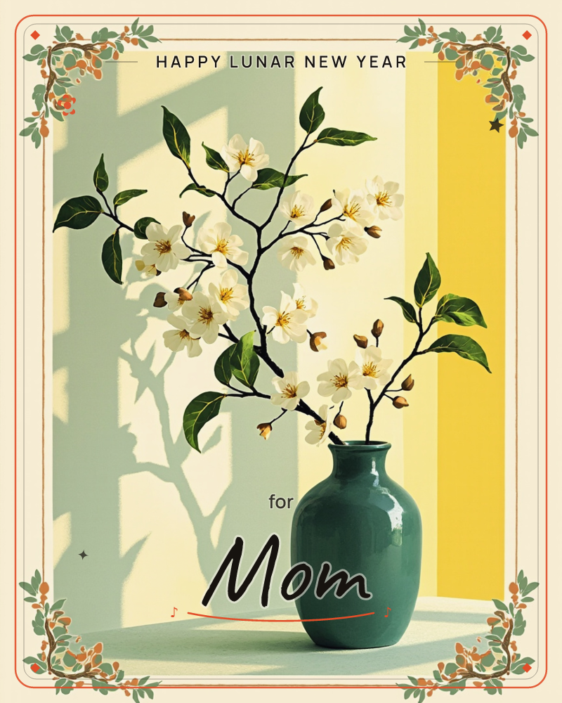 A dark teal ceramic vase holds flowering branches with white blossoms and glossy green leaves, set against a sunlit wall split into soft green and warm…, a lunar new year e-card design