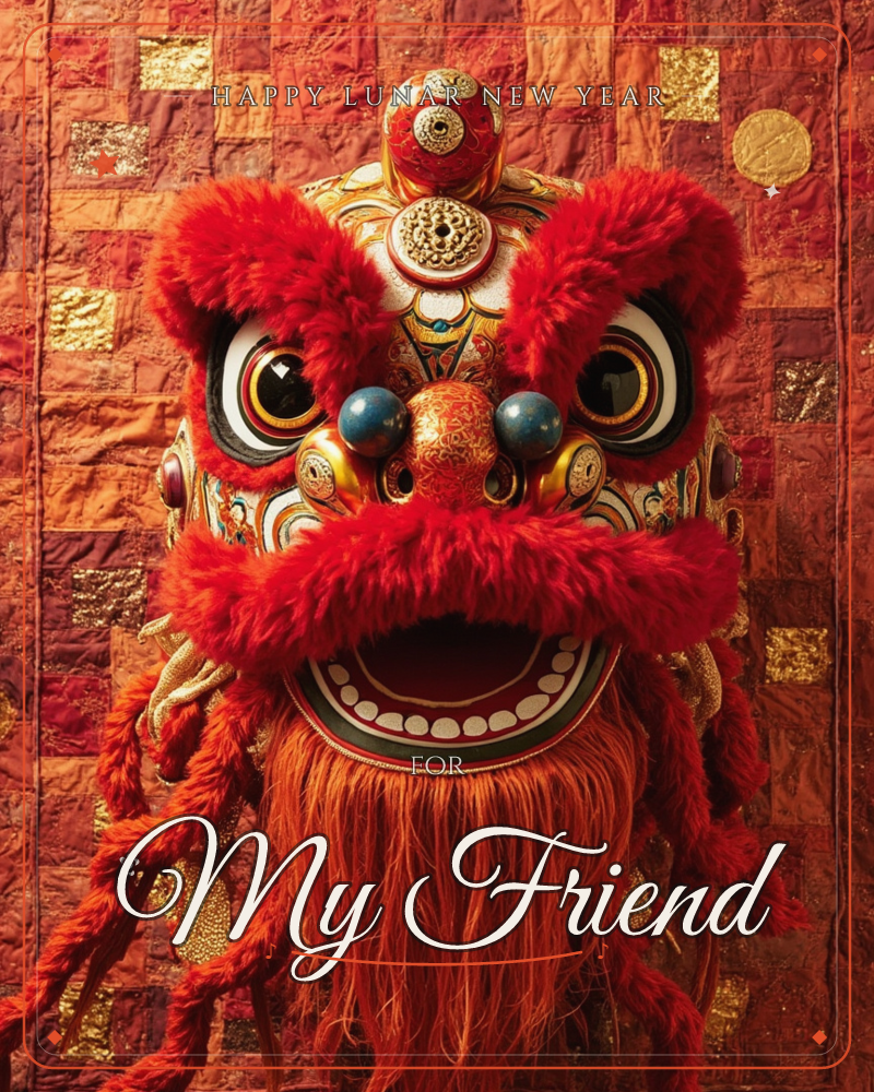 A traditional lion dance head faces forward, its shaggy red fur brows and beard framing bulging painted eyes and a gilded, ornamented snout, a lunar new year e-card design