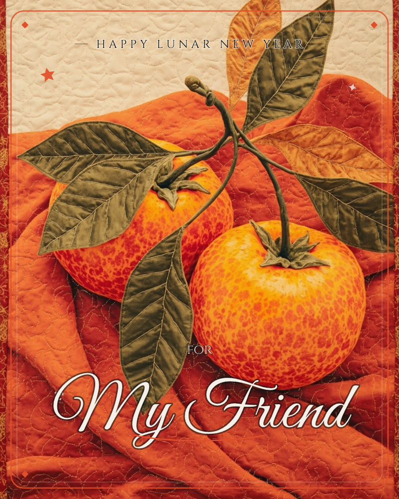 A quilted textile illustration of two speckled oranges still joined by their stem, olive-green leaves fanning out above them, all resting on rumpled…, a lunar new year e-card design