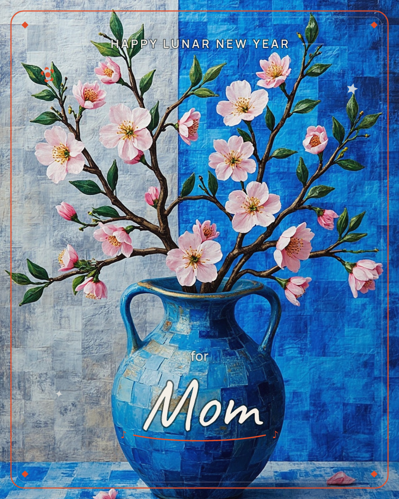 A two-handled mosaic-tiled vase in shades of blue holds branches of pale pink blossom with green leaves, set against a background split between soft…, a lunar new year e-card design