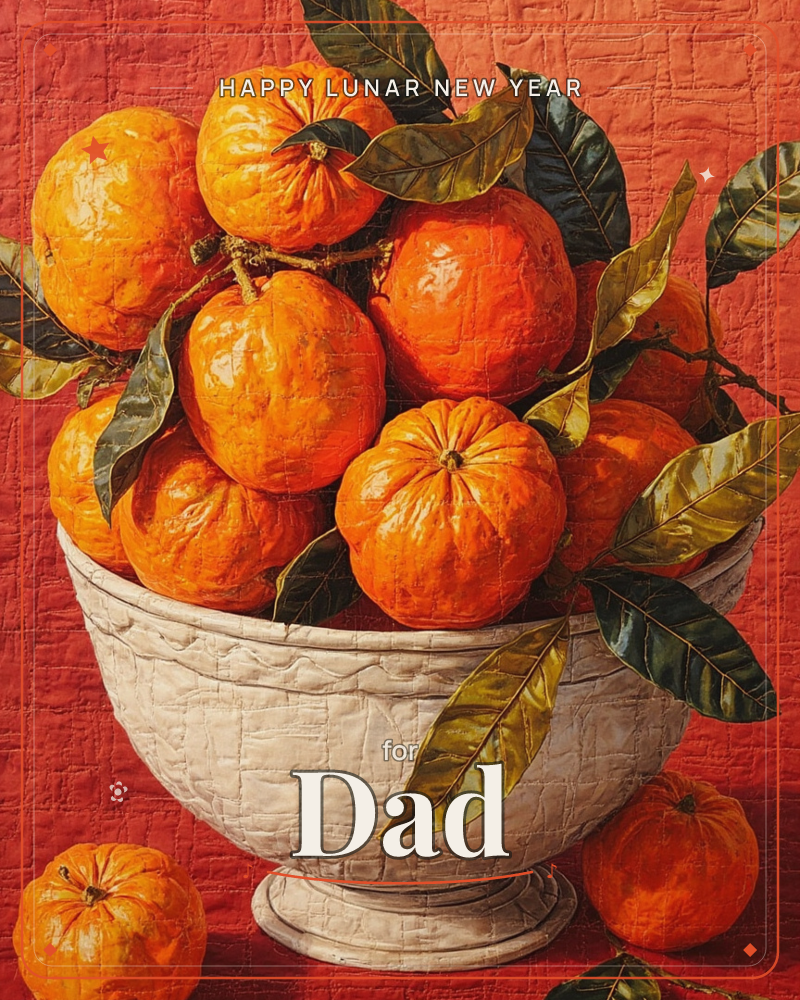 A pale stone bowl overflows with plump, dimpled oranges and their glossy dark leaves, set against a rich terracotta-red backdrop with a woven, textured…, a lunar new year e-card design