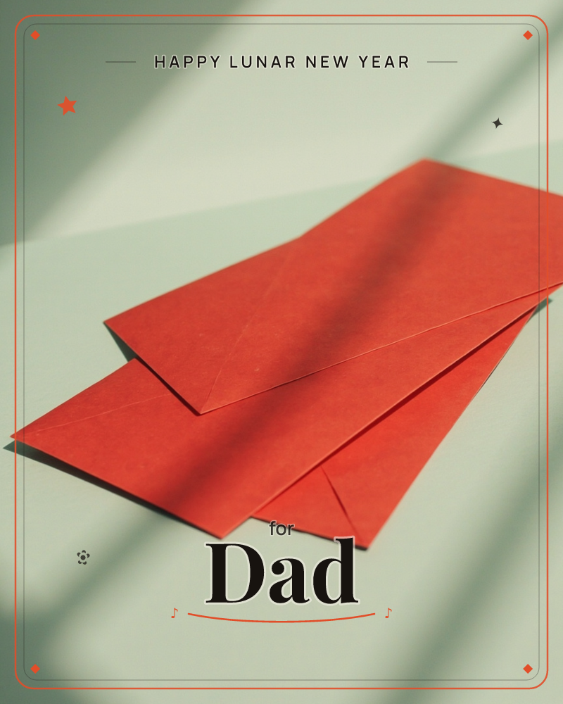 Two red-orange envelopes rest flap-down on a pale sage surface, overlapping at an angle, a lunar new year e-card design