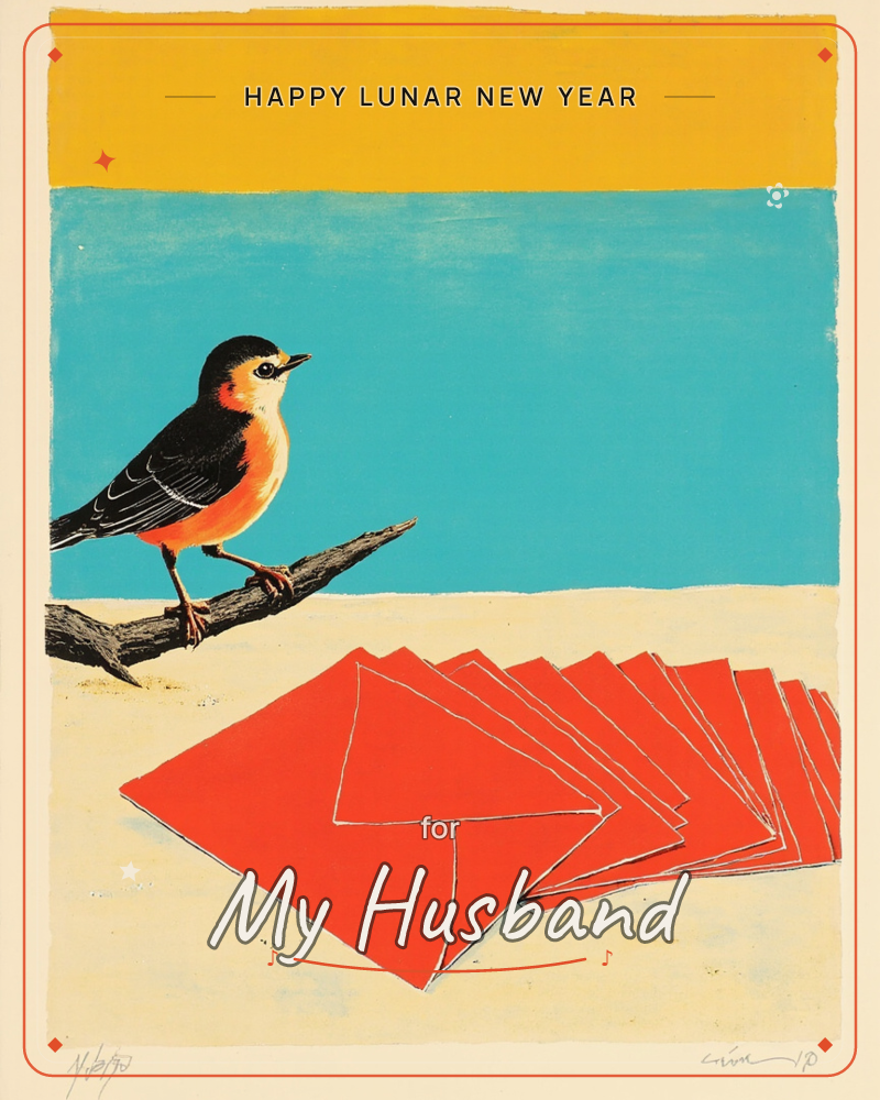 A stylised orange-breasted bird with a black head perches on a bare branch, watching over a fanned-out pile of red envelopes lying on pale sand, a lunar new year e-card design