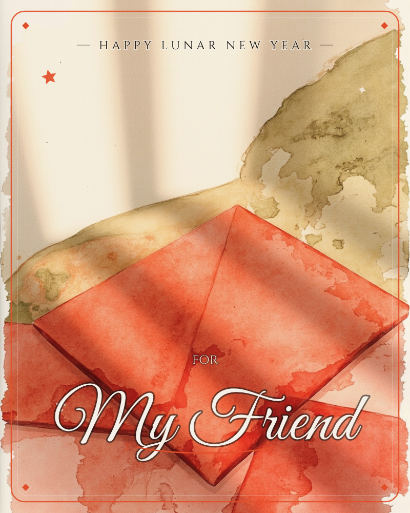 A watercolour still life of red envelopes stacked at an angle against a sandy olive backdrop, with soft window-blind shadows falling across the paper, a lunar new year e-card design