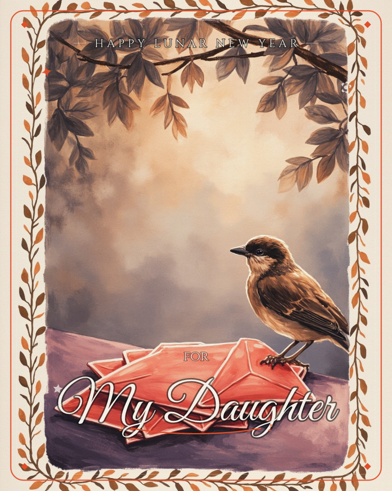 A small brown bird perches on a scatter of red envelopes resting on a dusky purple ledge, framed beneath an overhanging branch of autumn leaves, a lunar new year e-card design
