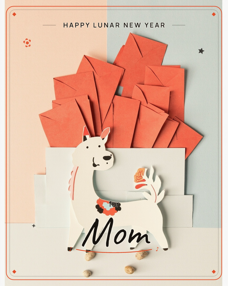 A paper-cut white deer stands on cream card stock, decorated with a black and coral flower collar and a coral floral tail marking, set against a fan of…, a lunar new year e-card design
