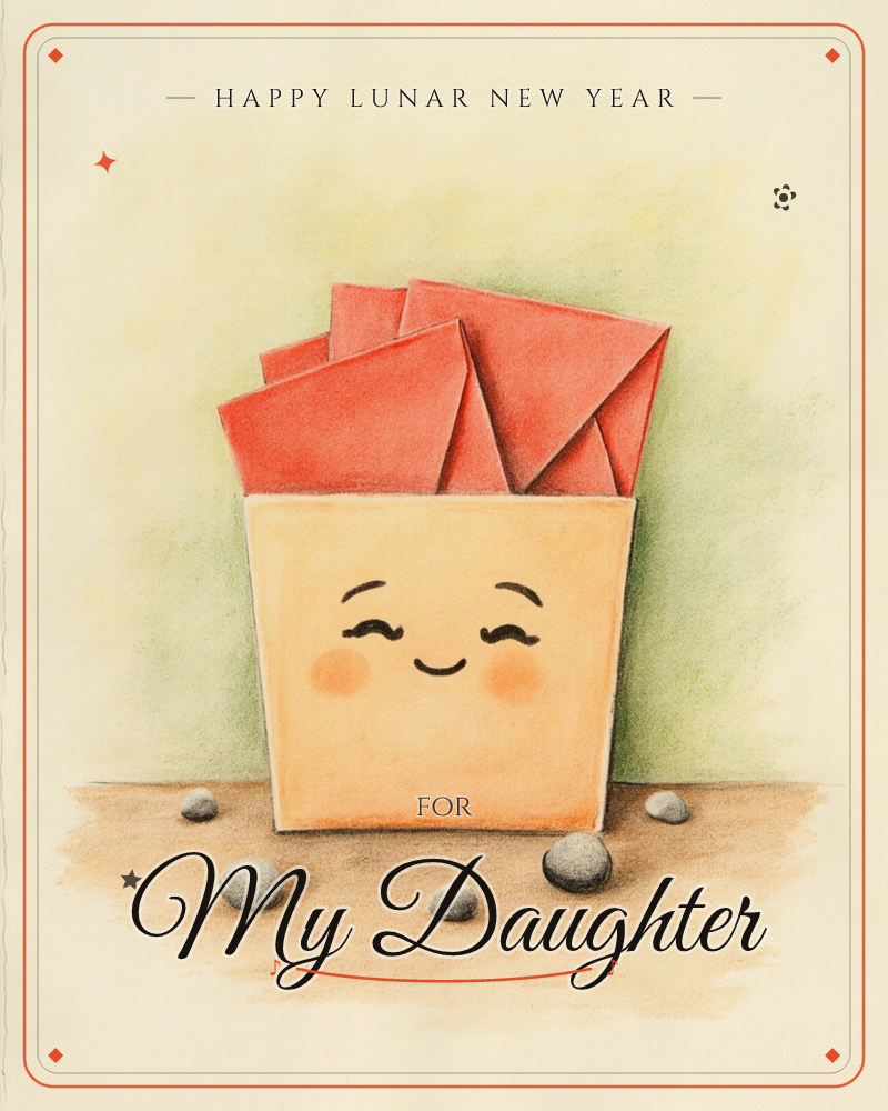 A small peach-coloured box with a smiling, rosy-cheeked face sits on a sandy patch scattered with pebbles, stuffed full of red envelope-like shapes…, a lunar new year e-card design
