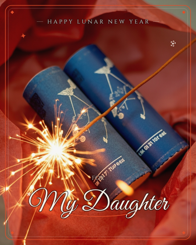 A close-up photograph shows two blue firecrackers printed with a delicate crane motif, resting in crumpled red tissue paper, a lunar new year e-card design