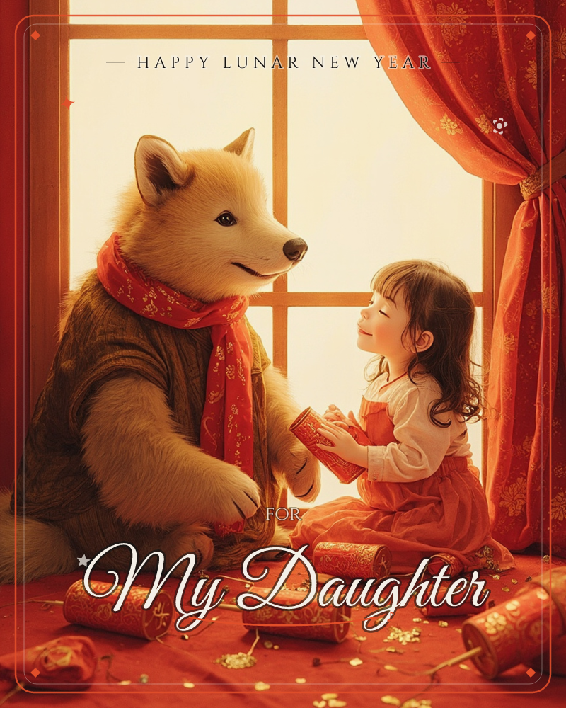 A child kneels beside a large plush dog wearing a red patterned scarf, exchanging a red envelope in front of a glowing paper-paned window framed by…, a lunar new year e-card design