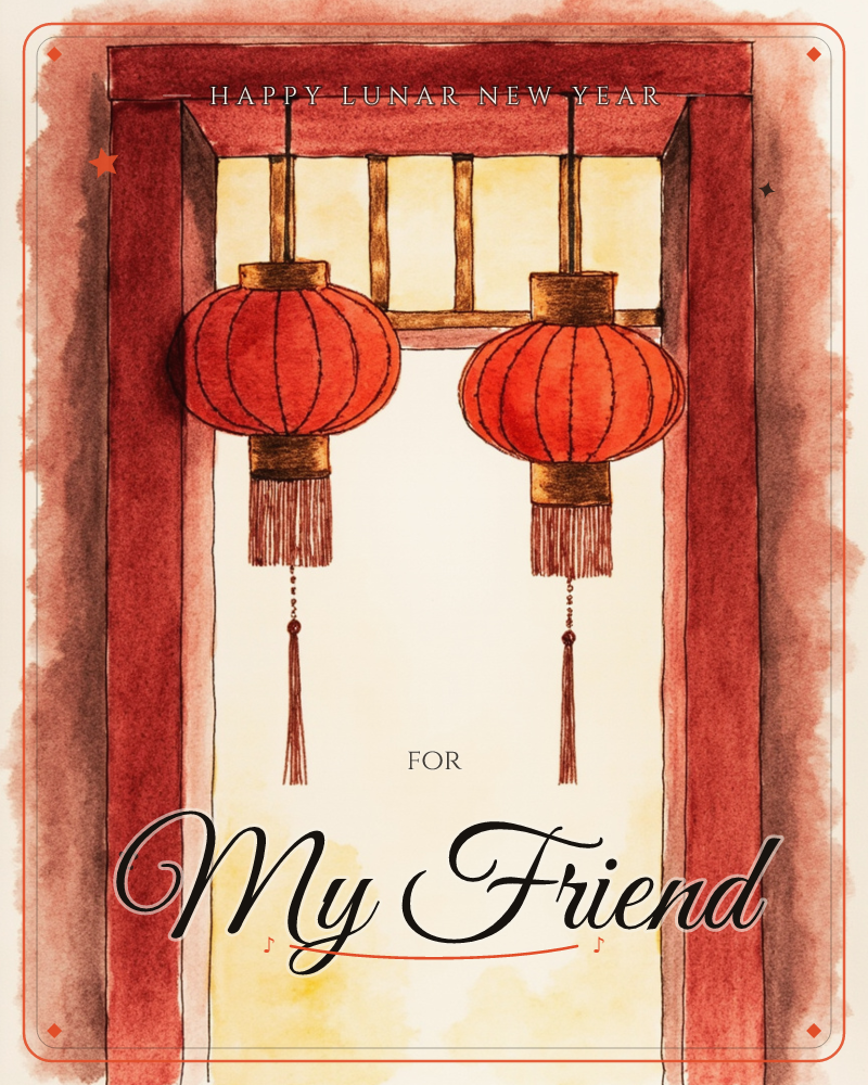 Two round red lanterns with tasselled cords hang side by side beneath a wooden crossbeam, framed inside a deep red doorway, a lunar new year e-card design