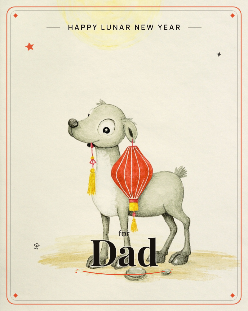 A gangly grey dog with wide dark eyes stands proudly on cream paper, carrying a red paper lantern with a gold tassel in its mouth, a lunar new year e-card design