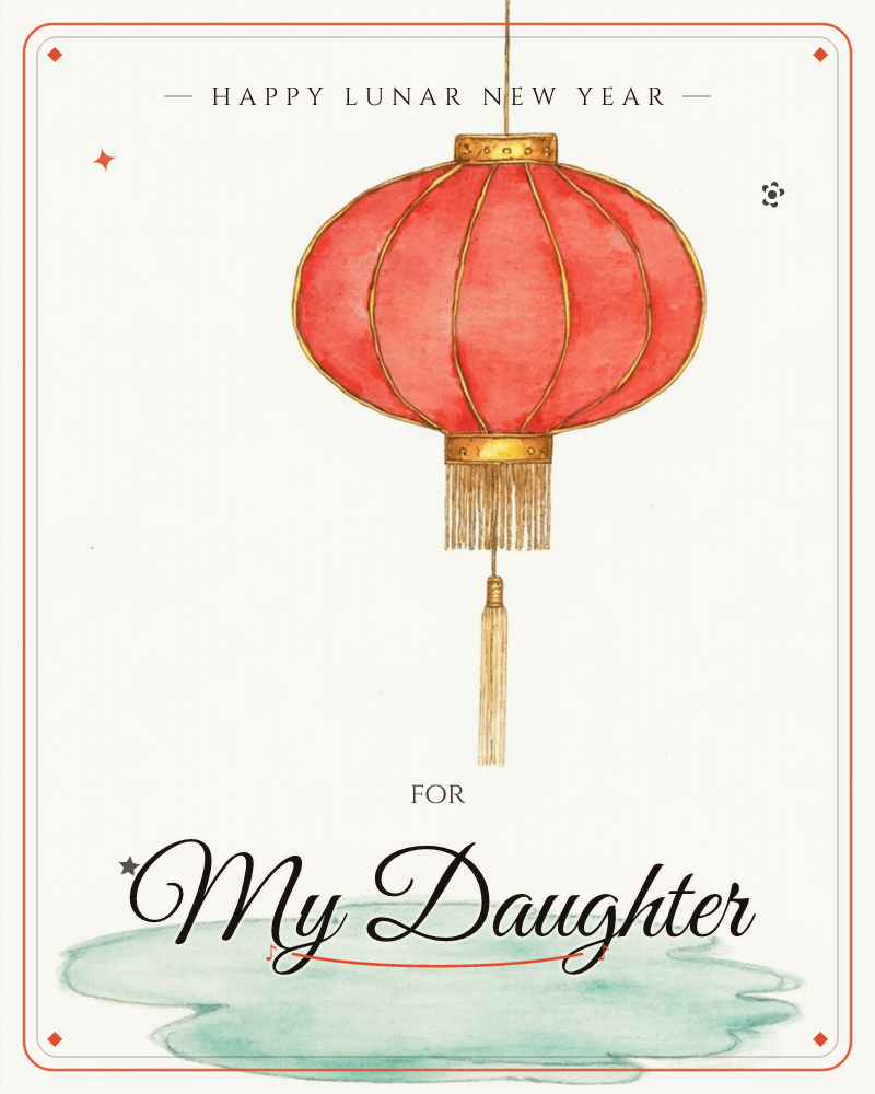 A single red paper lantern hangs from a fine gold cord against a plain cream background, its gold ribs and long silk tassel rendered in delicate…, a lunar new year e-card design