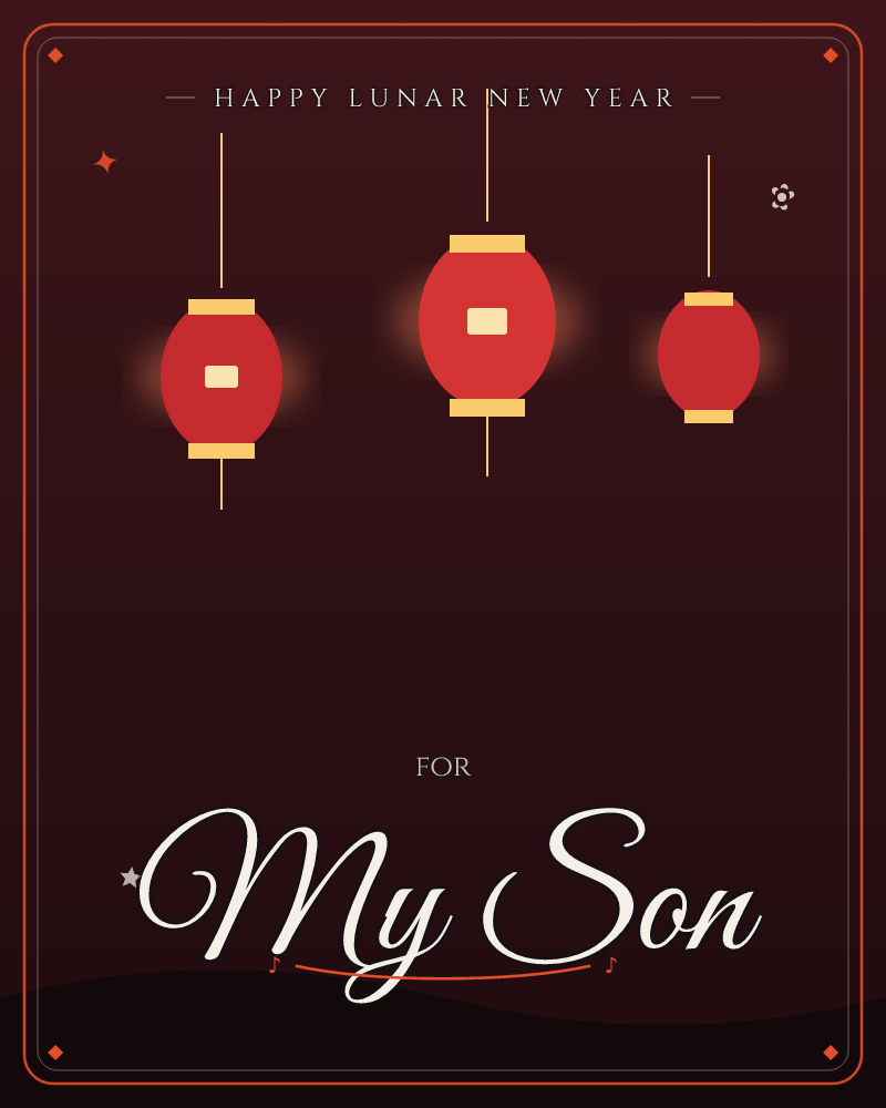 Three red lanterns hang from thin cords against a deep, dark maroon background, each glowing softly with a warm inner light, a lunar new year e-card design by @DittyCityTeam