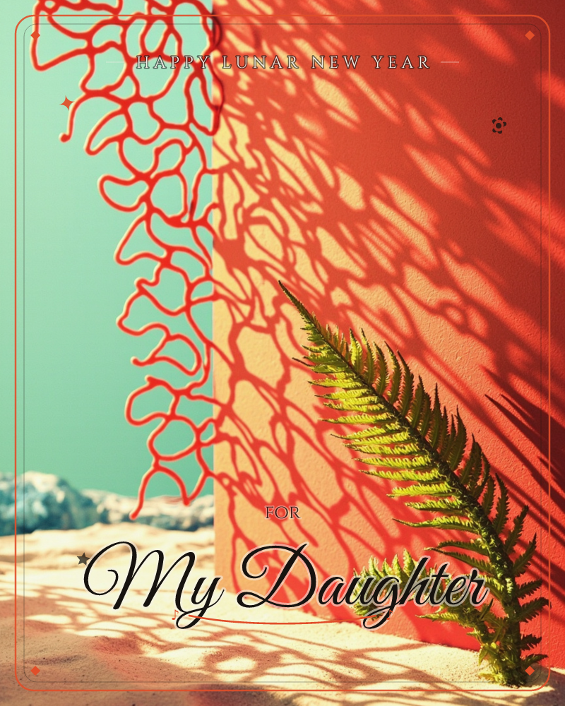 A coral-red panel stands against a mint-green sky, its surface printed with a tangled red web pattern that throws intricate net-like shadows across…, a lunar new year e-card design