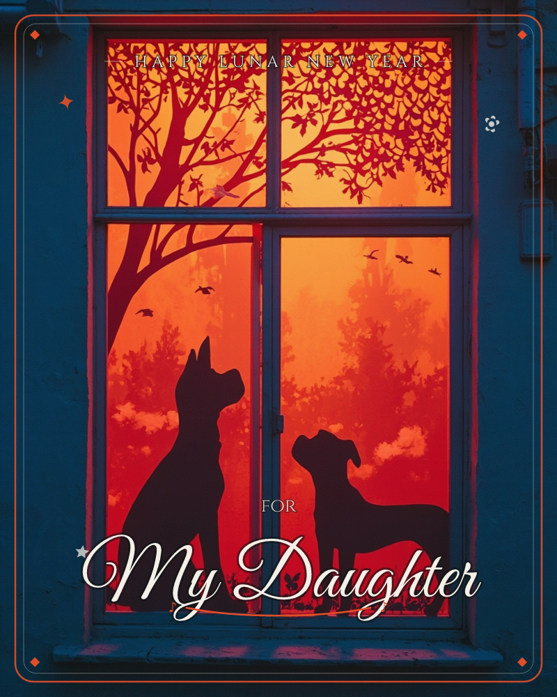 A blue-framed window glows deep orange from within, filled with silhouetted tree branches, distant birds and a hazy forest, a lunar new year e-card design