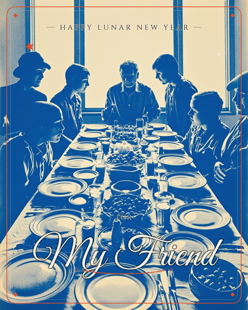 A long table is set for a group meal, plates and bowls of fruit lined down its length, with tall bright windows glowing behind, a lunar new year e-card design