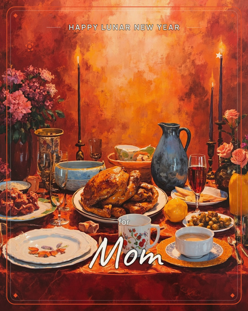 A richly painted holiday table glows against a fiery orange backdrop, laden with a roasted whole bird, a blue ceramic pitcher, patterned bowls of…, a lunar new year e-card design