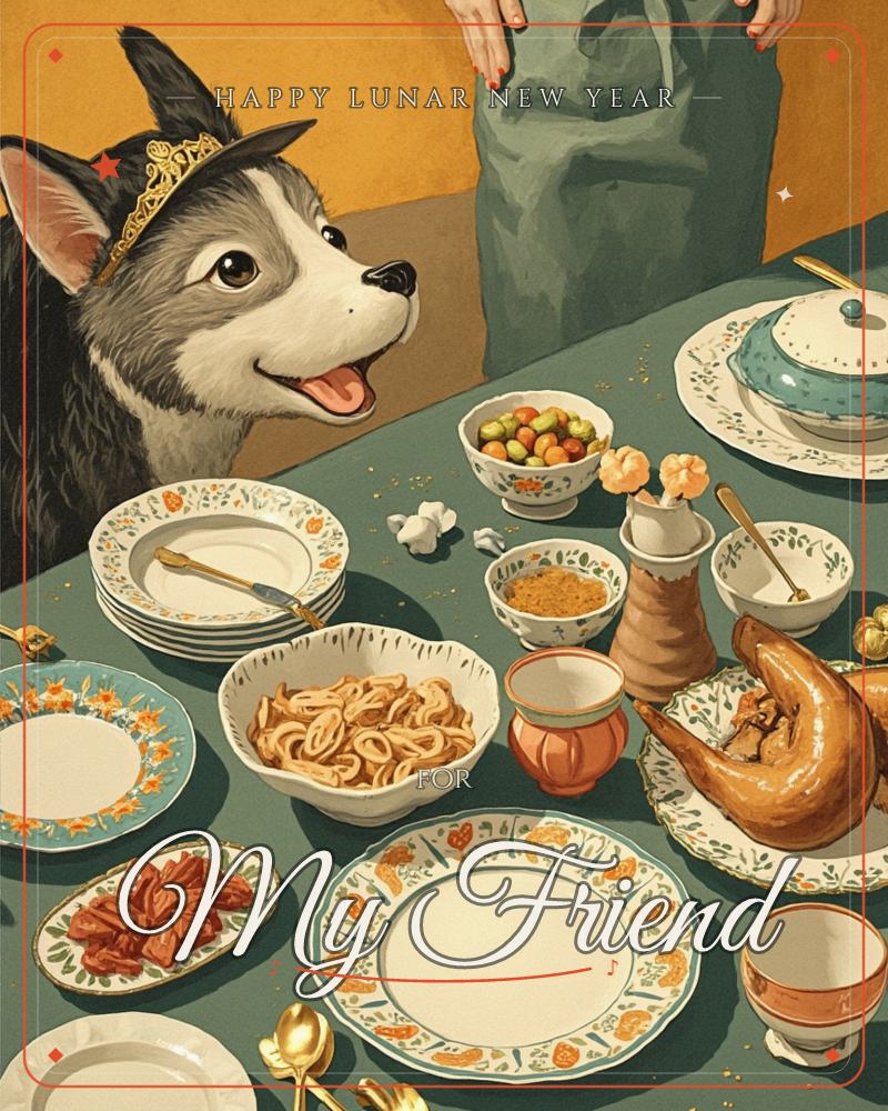A husky wearing a small gold crown peers eagerly over the edge of a lavishly set dinner table, tongue out, watching a woman in a green apron reach in…, a lunar new year e-card design