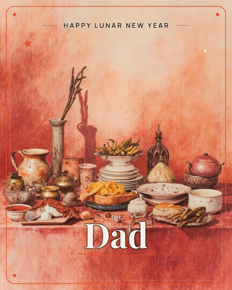 A tabletop still life glows in warm terracotta and rust tones, crowded with mismatched pottery, a glass decanter, stacked plates and a spread of food…, a lunar new year e-card design