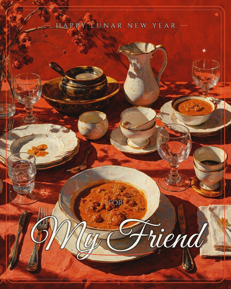 A sun-drenched table draped in deep red cloth is set for a meal, with bowls of rich stew, a white porcelain pitcher, wine glasses, and a small vase of…, a lunar new year e-card design