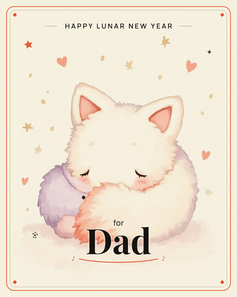 A round, fluffy fox curls up asleep with its blushing cheeks and tail wrapped close, nestled against a smaller lavender-toned creature tucked into its…, a lunar new year e-card design