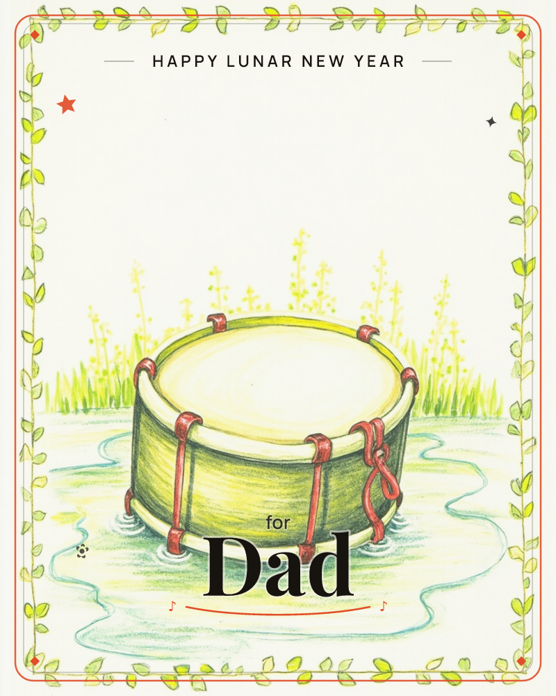 A green and cream drum with red rope lacing sits alone in shallow water, ripples spreading out around its rim, with tall wispy grasses growing up…, a lunar new year e-card design